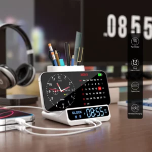 Pen Holder Storage Box Electronic LED Alarm Clock with Brightness Adjust 15W Wireless Charger Table Clock for iphone/Samsung - Image 1