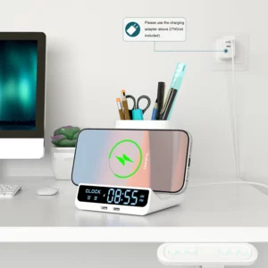 Pen Holder Storage Box Electronic LED Alarm Clock with Brightness Adjust 15W Wireless Charger Table Clock for iphone/Samsung - Image 2