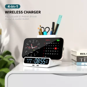 Pen Holder Storage Box Electronic LED Alarm Clock with Brightness Adjust 15W Wireless Charger Table Clock for iphone/Samsung - Image 3
