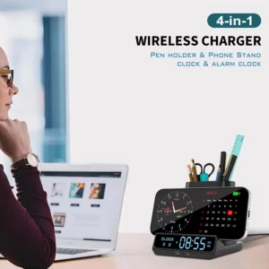 Pen Holder Storage Box Electronic LED Alarm Clock with Brightness Adjust 15W Wireless Charger Table Clock for iphone/Samsung - Image 4