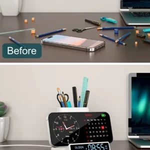 Pen Holder Storage Box Electronic LED Alarm Clock with Brightness Adjust 15W Wireless Charger Table Clock for iphone/Samsung - Image 5