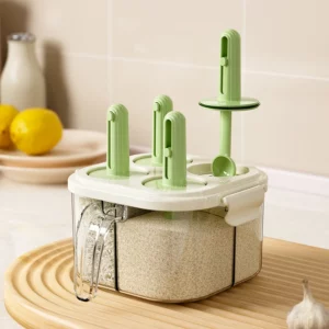 4-in-1 Plastic Transparent Salt Pepper Shaker Spice Dispenser 4 Compartment BBQ Camping Seasoning Jar with spoon for Cooking - Image 4