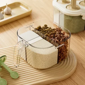 4-in-1 Plastic Transparent Salt Pepper Shaker Spice Dispenser 4 Compartment BBQ Camping Seasoning Jar with spoon for Cooking - Image 3