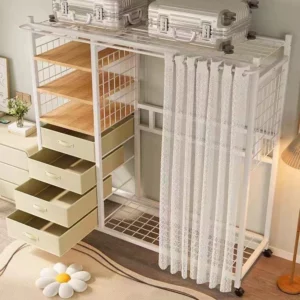 Modern Multi-Functional Open Storage Metal Wardrobe MDF Floor-standing Wardrobe Dustproof Hanging Clothes Simple Living Room - Image 4