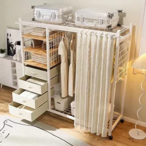 Modern Multi-Functional Open Storage Metal Wardrobe MDF Floor-standing Wardrobe Dustproof Hanging Clothes Simple Living Room - Image 5