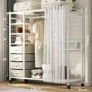 Modern Multi-Functional Open Storage Metal Wardrobe MDF Floor-standing Wardrobe Dustproof Hanging Clothes Simple Living Room - Image 6