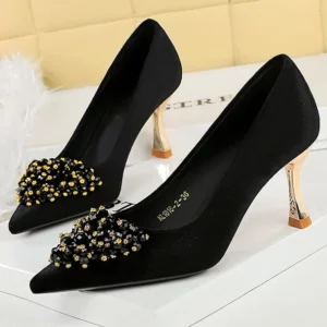 New Beaded metal flower Women Pumps Luxury banquet shoes Women 7 cm heels Stiletto Suede kitten high heels Female party shoes - Image 1