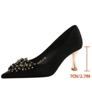 New Beaded metal flower Women Pumps Luxury banquet shoes Women 7 cm heels Stiletto Suede kitten high heels Female party shoes - Image 2