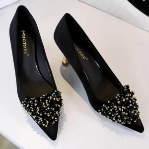 New Beaded metal flower Women Pumps Luxury banquet shoes Women 7 cm heels Stiletto Suede kitten high heels Female party shoes - Image 5