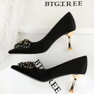 New Beaded metal flower Women Pumps Luxury banquet shoes Women 7 cm heels Stiletto Suede kitten high heels Female party shoes - Image 6