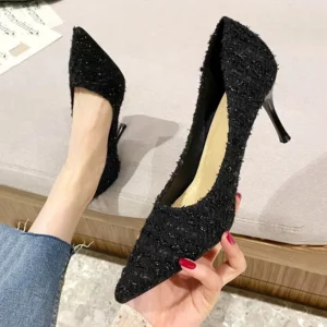Fashion Tweed Cloth Stiletto Heel Pumps Women Elegant Pointed Toe High Heel Shoes Woman Brand Thin Heeled Party Dress Shoes - Image 1