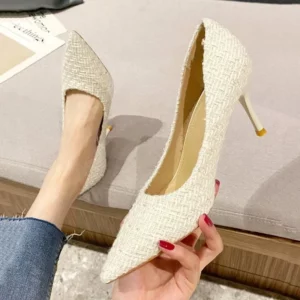 Fashion Tweed Cloth Stiletto Heel Pumps Women Elegant Pointed Toe High Heel Shoes Woman Brand Thin Heeled Party Dress Shoes - Image 4