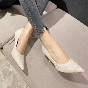 Fashion Tweed Cloth Stiletto Heel Pumps Women Elegant Pointed Toe High Heel Shoes Woman Brand Thin Heeled Party Dress Shoes - Image 5