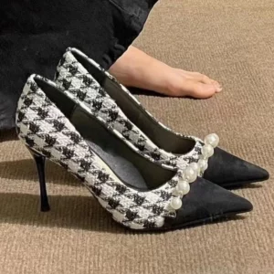 Fashion Pearls Decoration High Heels Shoes Women Plaid Thin Heels Party Pumps for Woman Spring Autumn Pointed Toe Pumps Female - Image 2