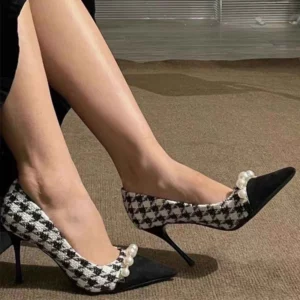 Fashion Pearls Decoration High Heels Shoes Women Plaid Thin Heels Party Pumps for Woman Spring Autumn Pointed Toe Pumps Female - Image 7