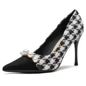 Fashion Pearls Decoration High Heels Shoes Women Plaid Thin Heels Party Pumps for Woman Spring Autumn Pointed Toe Pumps Female - Image 3