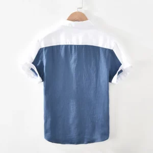 1728 Men Summer Fashion Japan Simple Harakuju High Quality 100% Linen Fabric Gradient Patchwork Short Sleeve Casual Slim Shirts - Image 2