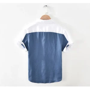 1728 Men Summer Fashion Japan Simple Harakuju High Quality 100% Linen Fabric Gradient Patchwork Short Sleeve Casual Slim Shirts - Image 6