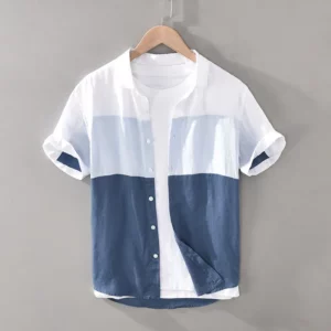 1728 Men Summer Fashion Japan Simple Harakuju High Quality 100% Linen Fabric Gradient Patchwork Short Sleeve Casual Slim Shirts - Image 7