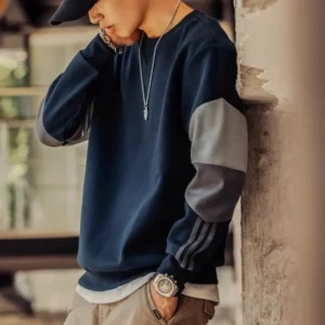 Men O-Neck Autumn New Patchwork Long Sleeve American Style Chic Big Size Loose Casual Moto Biker Panelled High Street Hoodie - Image 4
