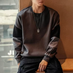 Men O-Neck Autumn New Patchwork Long Sleeve American Style Chic Big Size Loose Casual Moto Biker Panelled High Street Hoodie - Image 6