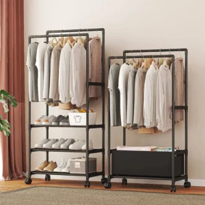 Coat Rack Double Pole With Shelf For Entryway Sturdy Durable Standing Wheels Multifunctional Storage Shelves Coat Rack Storage - Image 3