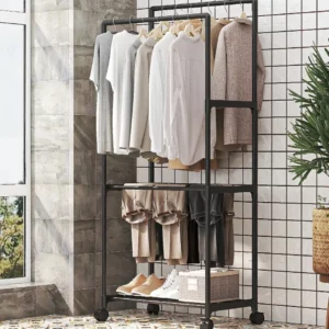 Coat Rack Double Pole With Shelf For Entryway Sturdy Durable Standing Wheels Multifunctional Storage Shelves Coat Rack Storage - Image 4