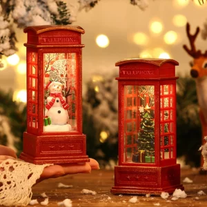 Christmas Phone Booth Decoration with Santa Claus, Snowman & Tree - Red Retro Telephone Booth Ornament With Light Home Decorator - Image 2