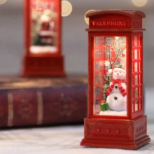 Christmas Phone Booth Decoration with Santa Claus, Snowman & Tree - Red Retro Telephone Booth Ornament With Light Home Decorator - Image 3