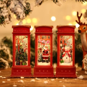 Christmas Phone Booth Decoration with Santa Claus, Snowman & Tree - Red Retro Telephone Booth Ornament With Light Home Decorator - Image 6