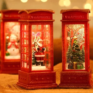 Christmas Phone Booth Decoration with Santa Claus, Snowman & Tree - Red Retro Telephone Booth Ornament With Light Home Decorator - Image 5