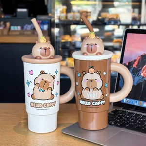 Cute Cartoon Caoybara Outdoor Ice Cup Stainless Steel Insulated Water Bottle Vacuum Flask Tumbler with Handle and Straw - Image 3
