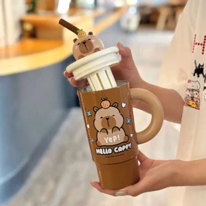 Cute Cartoon Caoybara Outdoor Ice Cup Stainless Steel Insulated Water Bottle Vacuum Flask Tumbler with Handle and Straw - Image 5