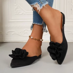 Leisure Black Cloesd Toe Slippers Women 2025 Summer Flat Heels Shoes Women Big Flower Slip on Daily Shoes Women - Image 7