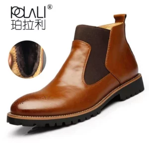 POLALI Spring/Winter Fur Men Chelsea Boots British Style Fashion Ankle Boots Black/Brown/Red Brogues Soft Leather Casual Shoes - Image 3