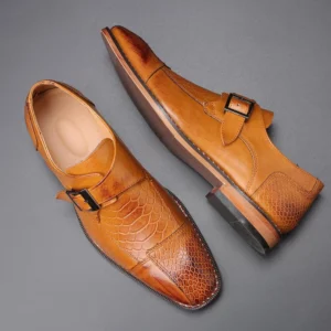 Men's Casual Business Shoes Snakeskin Grain Leather Mens Buckle Square Toe Dress Office Flats Men Fashion Wedding Party Oxfords - Image 4