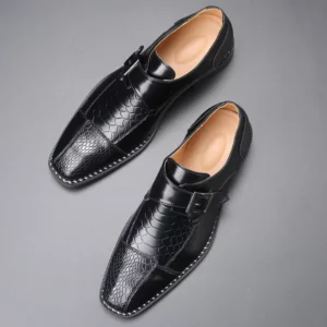 Men's Casual Business Shoes Snakeskin Grain Leather Mens Buckle Square Toe Dress Office Flats Men Fashion Wedding Party Oxfords - Image 6