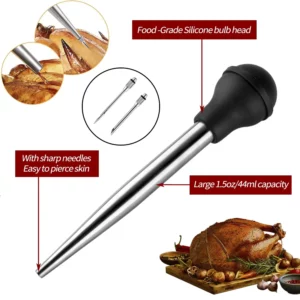 Stainless Steel Turkey Baster Syringe for Cooking Meat Injector Set with 2 Marinade Needles 1 Cleaning Brush Baking Kitchen Tool - Image 2