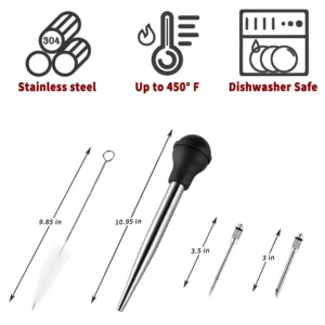 Stainless Steel Turkey Baster Syringe for Cooking Meat Injector Set with 2 Marinade Needles 1 Cleaning Brush Baking Kitchen Tool - Image 3