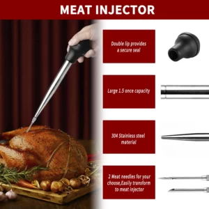 Stainless Steel Turkey Baster Syringe for Cooking Meat Injector Set with 2 Marinade Needles 1 Cleaning Brush Baking Kitchen Tool - Image 5