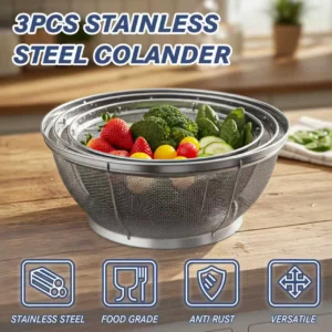 tastyWay Stainless Steel 3-Piece Drain Basket Set, Rice Bowl Drain Basket, Fruit and Vegetable Washing Drain Basket, Kitchen Sup - Image 3