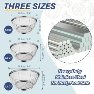 tastyWay Stainless Steel 3-Piece Drain Basket Set, Rice Bowl Drain Basket, Fruit and Vegetable Washing Drain Basket, Kitchen Sup - Image 5