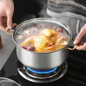 Stainless steel cookware set, including 5 cookware and 5 glass lids, suitable for stoves, soups, hotpot, noodles, seafood soup - Image 3