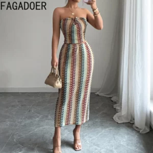FAGADOER Elegant Stripes Patchwork 2 Piece Sets Woman Outfit Sleeveless Backless Crop Top and Skirts Female Streetwear Vestidos - Image 2