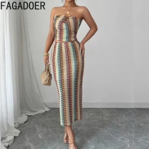FAGADOER Elegant Stripes Patchwork 2 Piece Sets Woman Outfit Sleeveless Backless Crop Top and Skirts Female Streetwear Vestidos - Image 3