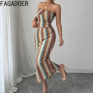 FAGADOER Elegant Stripes Patchwork 2 Piece Sets Woman Outfit Sleeveless Backless Crop Top and Skirts Female Streetwear Vestidos - Image 4