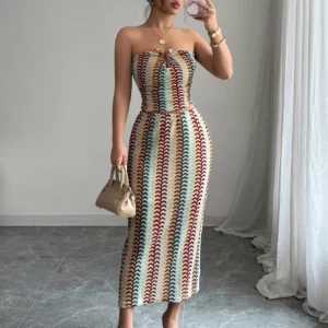 FAGADOER Elegant Stripes Patchwork 2 Piece Sets Woman Outfit Sleeveless Backless Crop Top and Skirts Female Streetwear Vestidos - Image 7