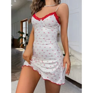 Women's Pajamas Dress Heart Print Lace Trim Camisole Sexy Sleeveless Nightdress Slim Fit V-Neck Sexy Adult Summer Nightgown - Image 5