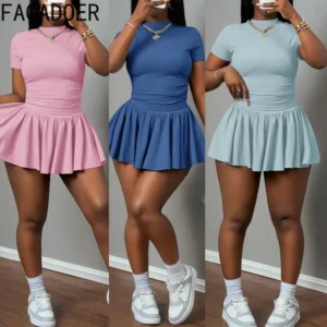 FAGADOER Casual Sports Ribbing Two Piece Outfits Woman Solid Color Short Sleeve Crop Top and Pleated Skirt Female Clothing 2025 - Image 1