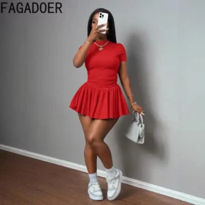 FAGADOER Casual Sports Ribbing Two Piece Outfits Woman Solid Color Short Sleeve Crop Top and Pleated Skirt Female Clothing 2025 - Image 2